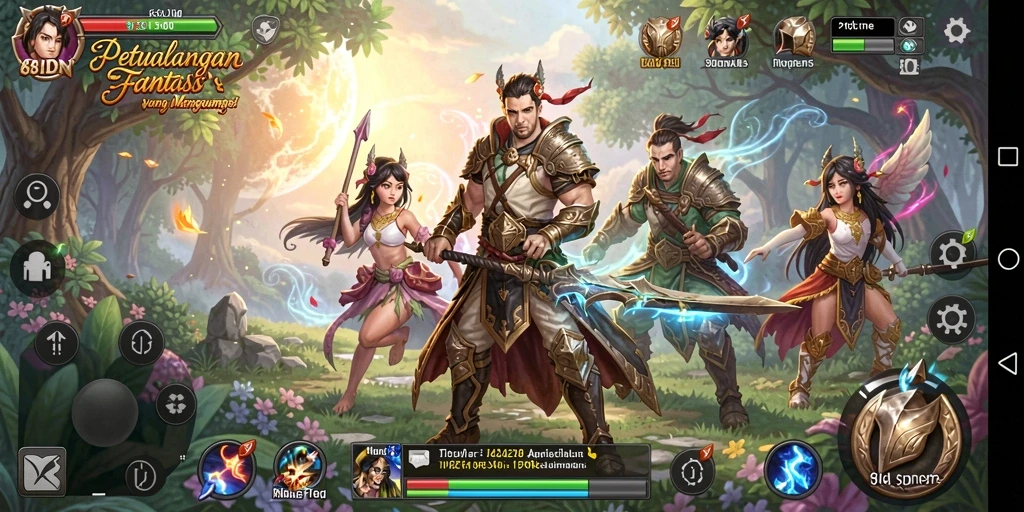 Tampilan gameplay 68IDN dengan karakter bertarung di dunia fantasi.