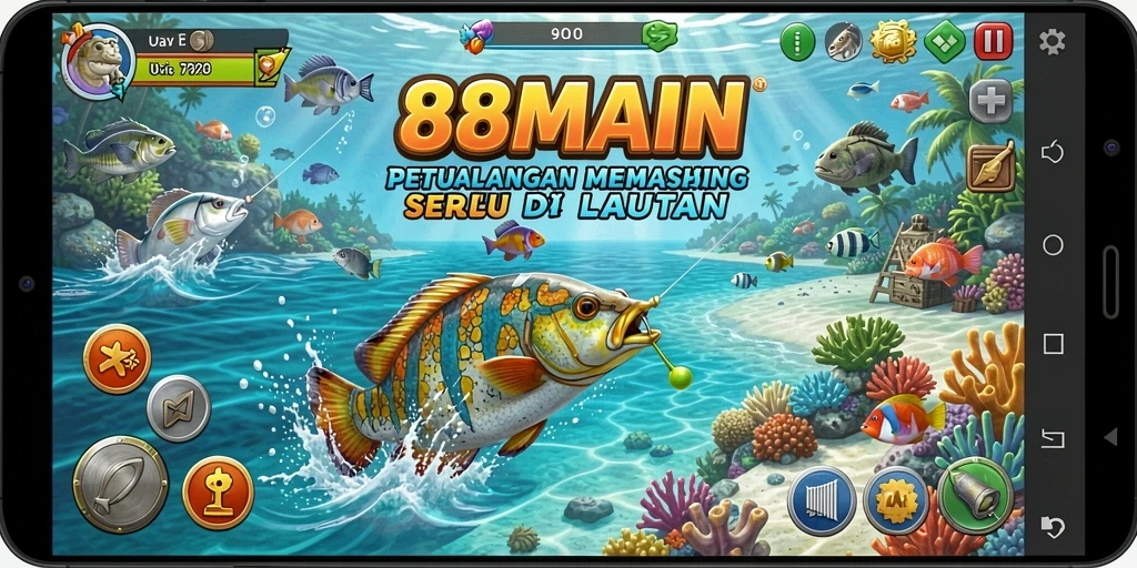 Screenshot gameplay <strong>88MAIN</strong> yang menunjukkan momen menangkap ikan besar.