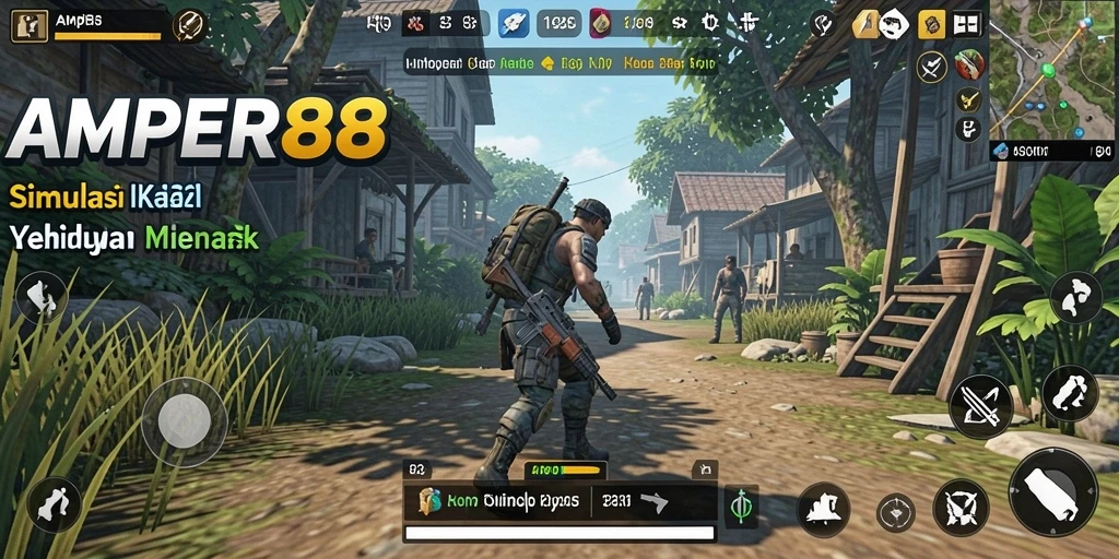 Screenshot utama AMPER88 menampilkan interaksi karakter yang dinamis.