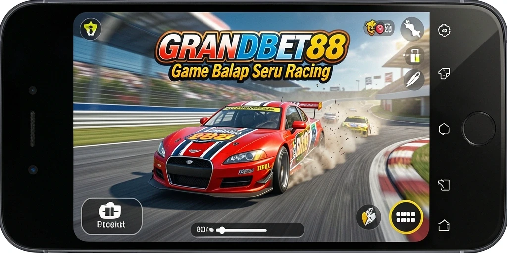 Tangkapan layar gameplay GRANDBET88 dengan mobil balap cepat dan trek menantang.