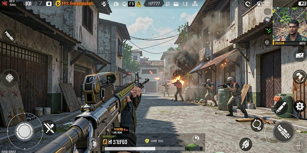 Screenshot utama HP777 menampilkan aksi seru dalam permainan FPS.