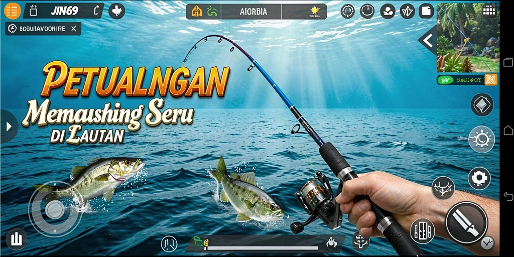 Menampilkan gameplay JIN69 yang seru saat menangkap ikan.