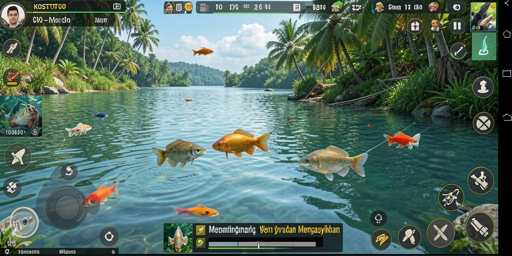 Screenshot KOSTOTO menampilkan gameplay memancing yang seru.