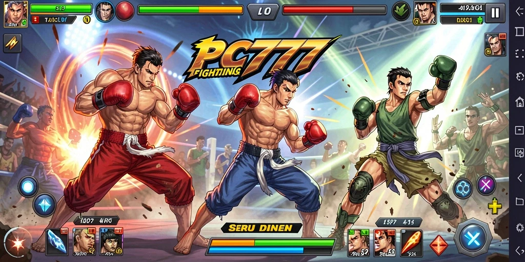 Tampilan gameplay pertarungan yang mendebarkan dan karakter yang beragam.