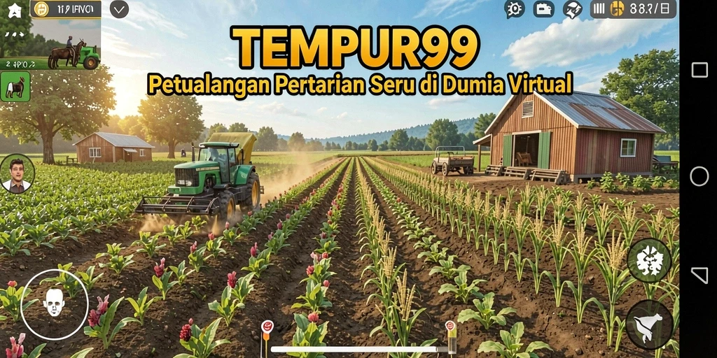 Tampilan gameplay TEMPUR99 yang menggambarkan kegiatan bertani yang seru.