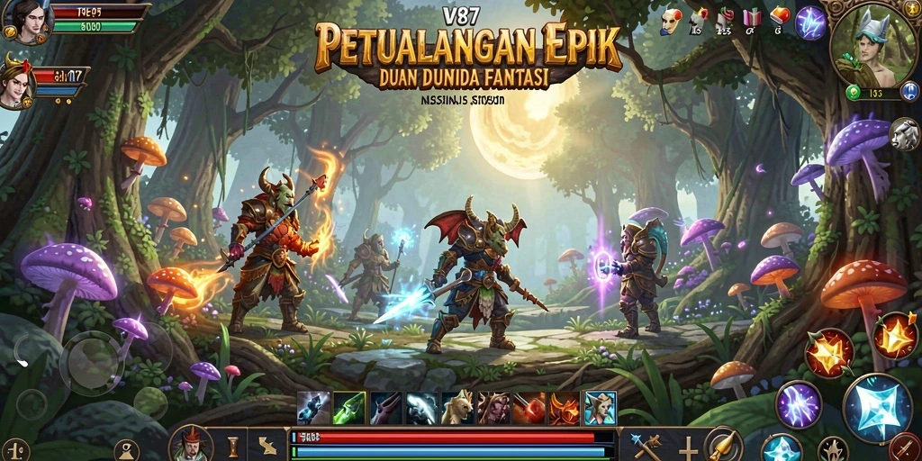 Screenshot V87 menampilkan aksi pertempuran epik dalam game RPG.