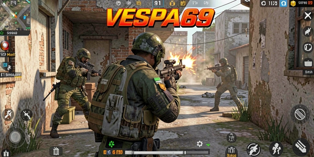 Screenshot gameplay seru VESPA69 dengan aksi tembak-menembak intens.